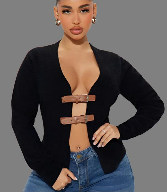 Buckle-loop Patchwork V Neck Cardigan