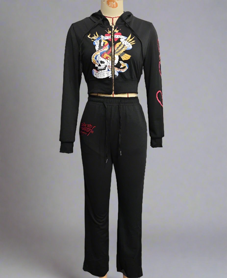 Skull Eagle Printed Hooded Sweatpants Set
