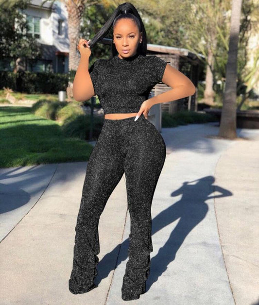 Ruched Crewneck Short Sleeve Pant Sets