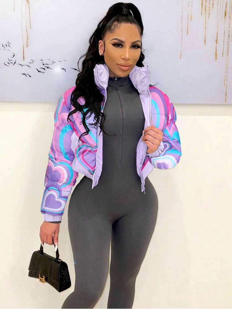 Colorblock Heart Print Cropped Zipper Coats