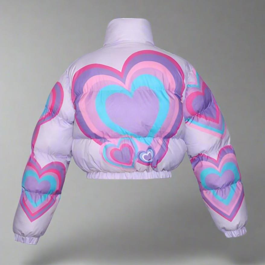 Colorblock Heart Print Cropped Zipper Coats