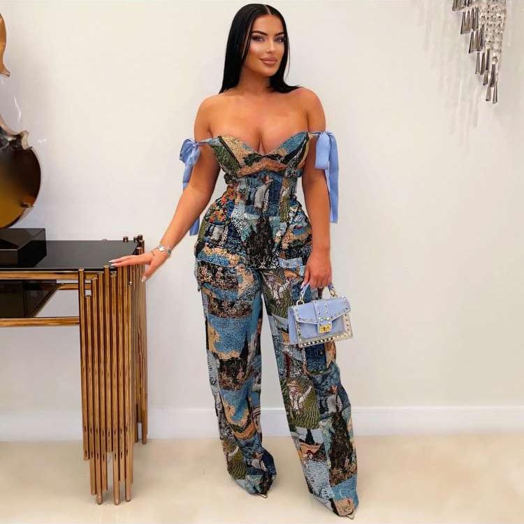 Painting Off Shoulder Tie-wrap Pant Sets