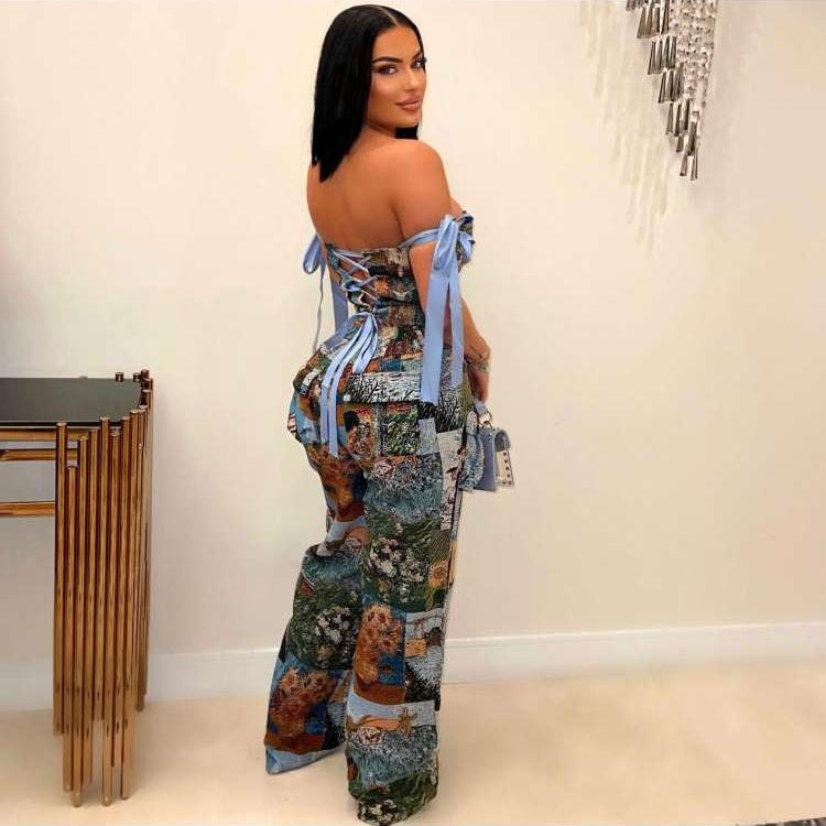 Painting Off Shoulder Tie-wrap Pant Sets