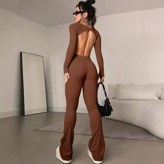 Pure Color Backless Long Sleeve Jumpsuits