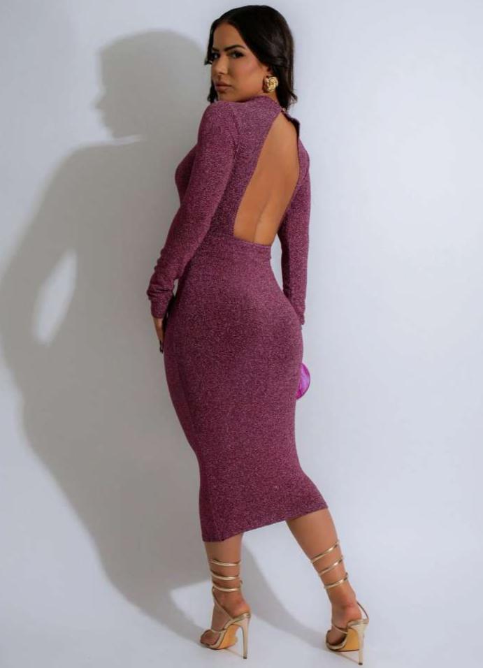 Hollow-out Shiny Long Sleeve Midi Dress
