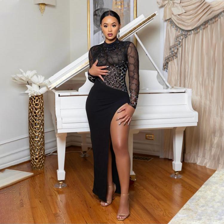 Hotfix Rhinestones Split Hem Long Sleeve Maxi Dress