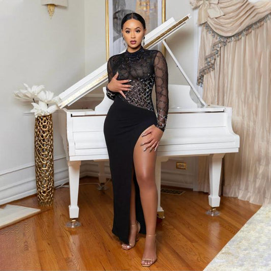 Hotfix Rhinestones Split Hem Long Sleeve Maxi Dress