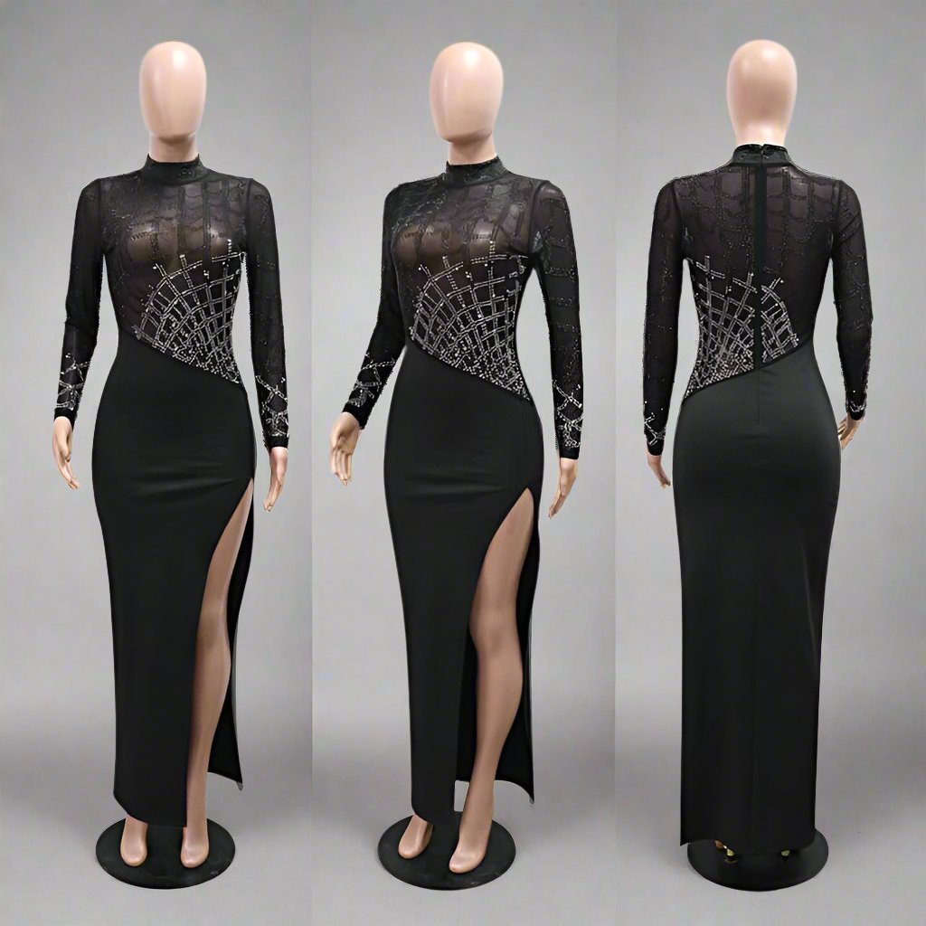 Hotfix Rhinestones Split Hem Long Sleeve Maxi Dress