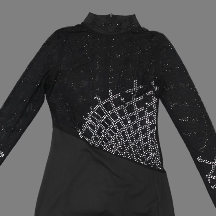 Hotfix Rhinestones Split Hem Long Sleeve Maxi Dress