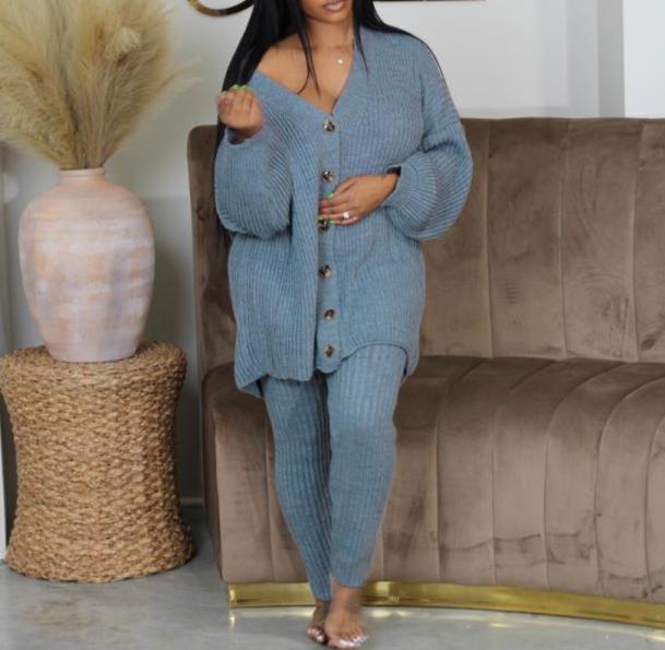 Knitting V Neck Cardigan Fitted Pant Sets