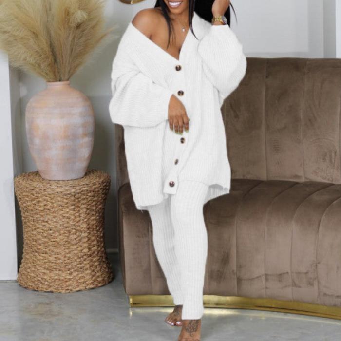 Knitting V Neck Cardigan Fitted Pant Sets