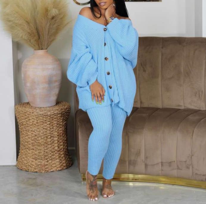 Knitting V Neck Cardigan Fitted Pant Sets