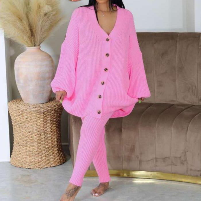 Knitting V Neck Cardigan Fitted Pant Sets