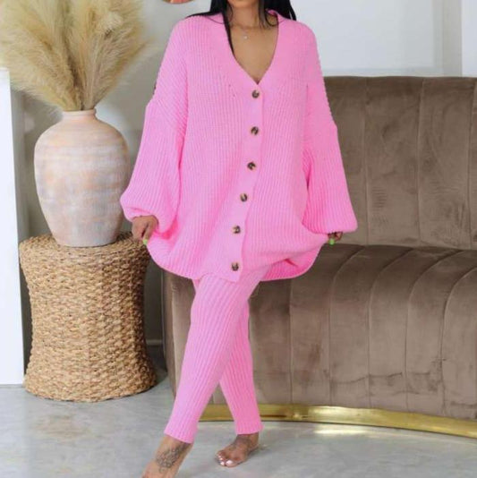 Knitting V Neck Cardigan Fitted Pant Sets