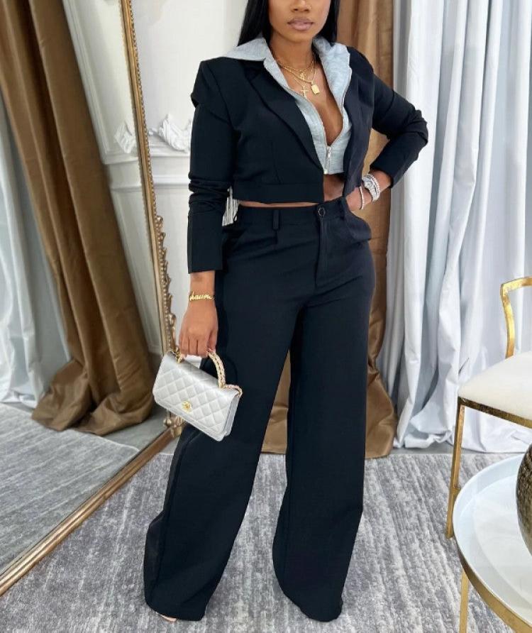 Faux Two-Piece Cropped Blazers Pant Sets