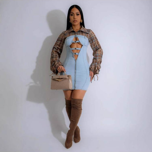 Plaid Metal Button Zipper Denim Mini Dress