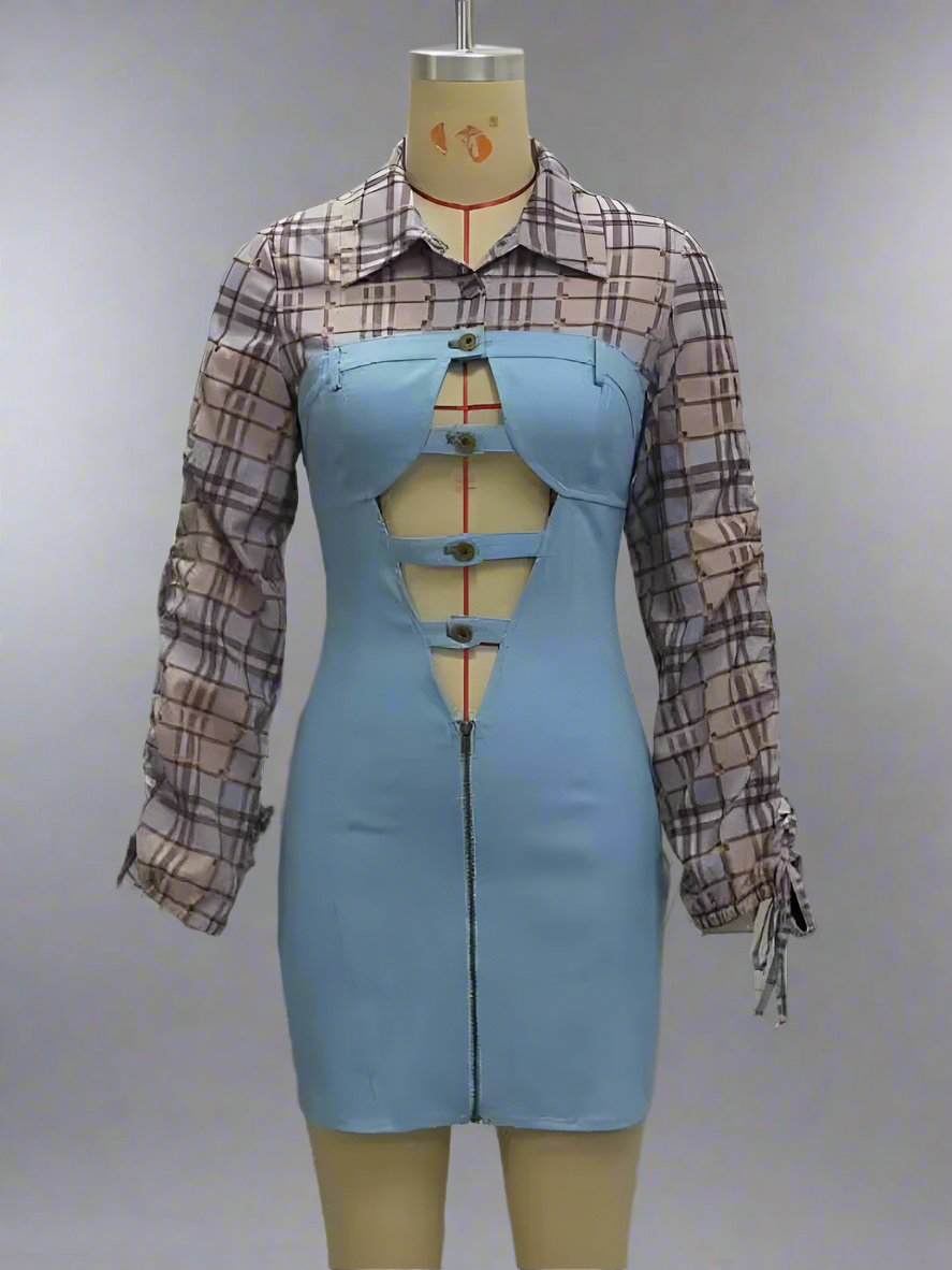 Plaid Metal Button Zipper Denim Mini Dress