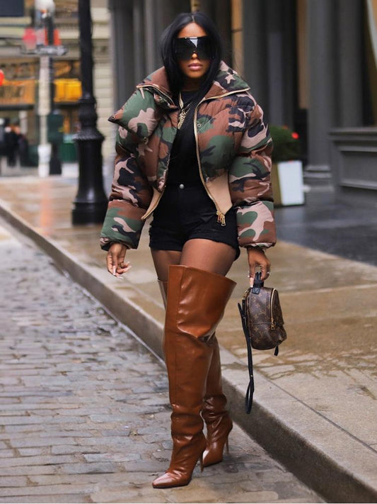 Camouflage Cropped Stand Collar Zipper Coats