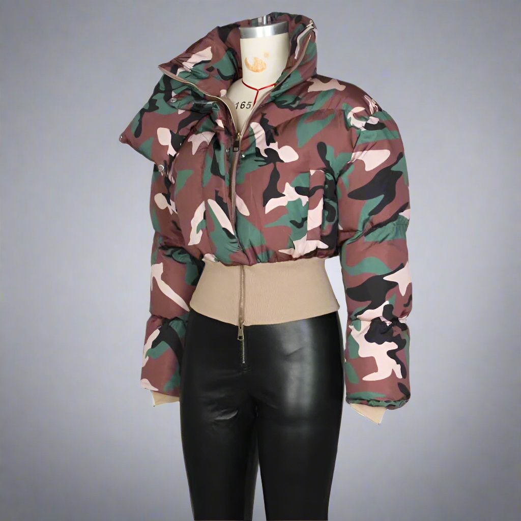 Camouflage Cropped Stand Collar Zipper Coats