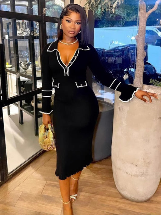 Knitted Lapel Trumpet Sleeve Midi Dress