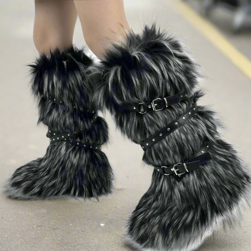 Colorblock Fluff Cross Belt Thigh-High Boots