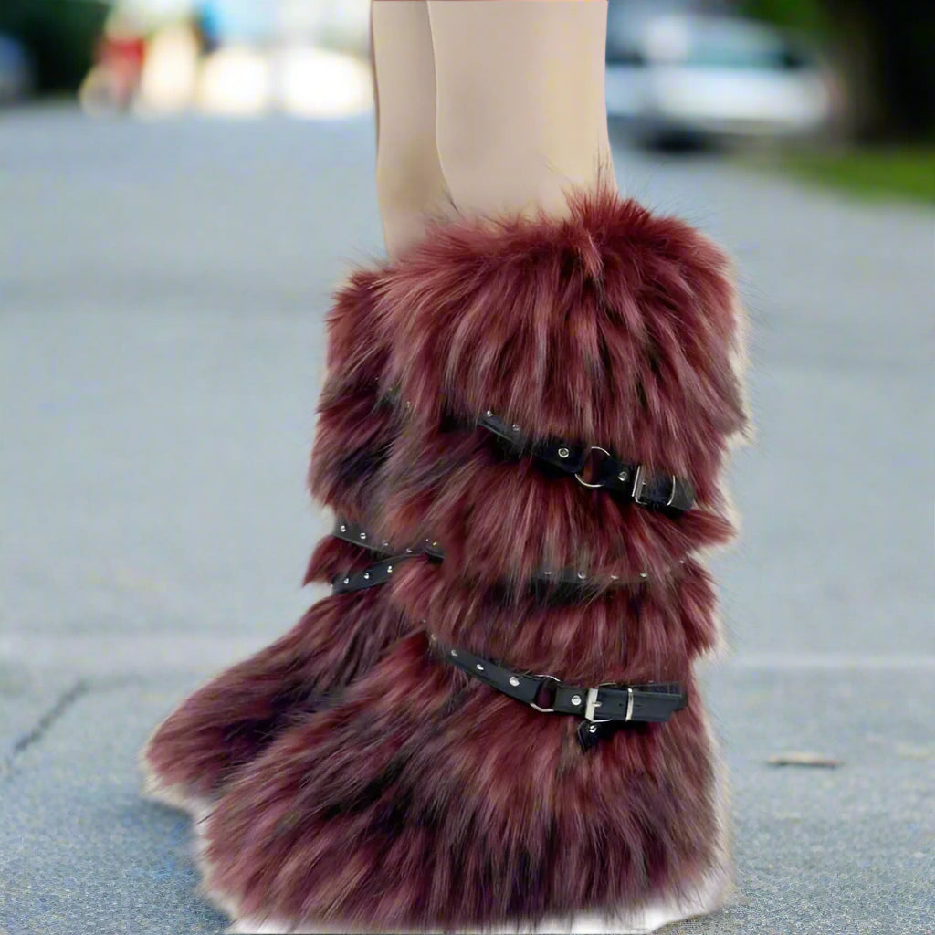 Colorblock Fluff Cross Belt Thigh-High Boots