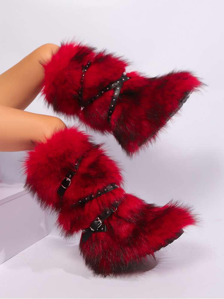 Colorblock Fluff Cross Belt Thigh-High Boots