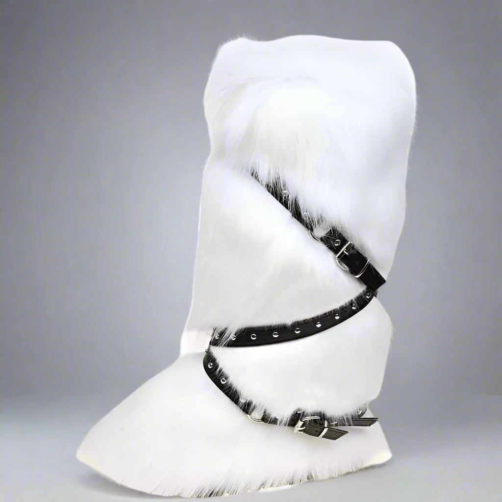 Colorblock Fluff Cross Belt Thigh-High Boots