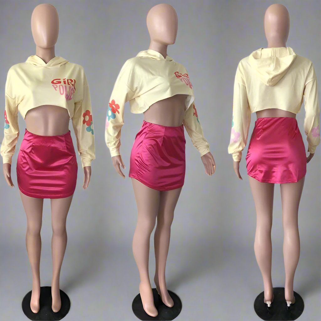 Letter Print Bare Waist Hooded Skirt Sets