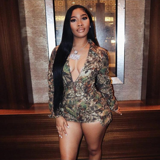 Deep V Neck Lapel Camo Print Rompers
