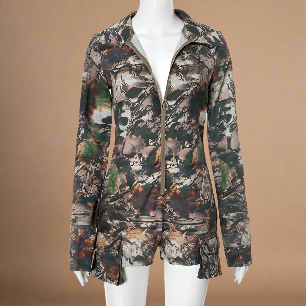 Deep V Neck Lapel Camo Print Rompers