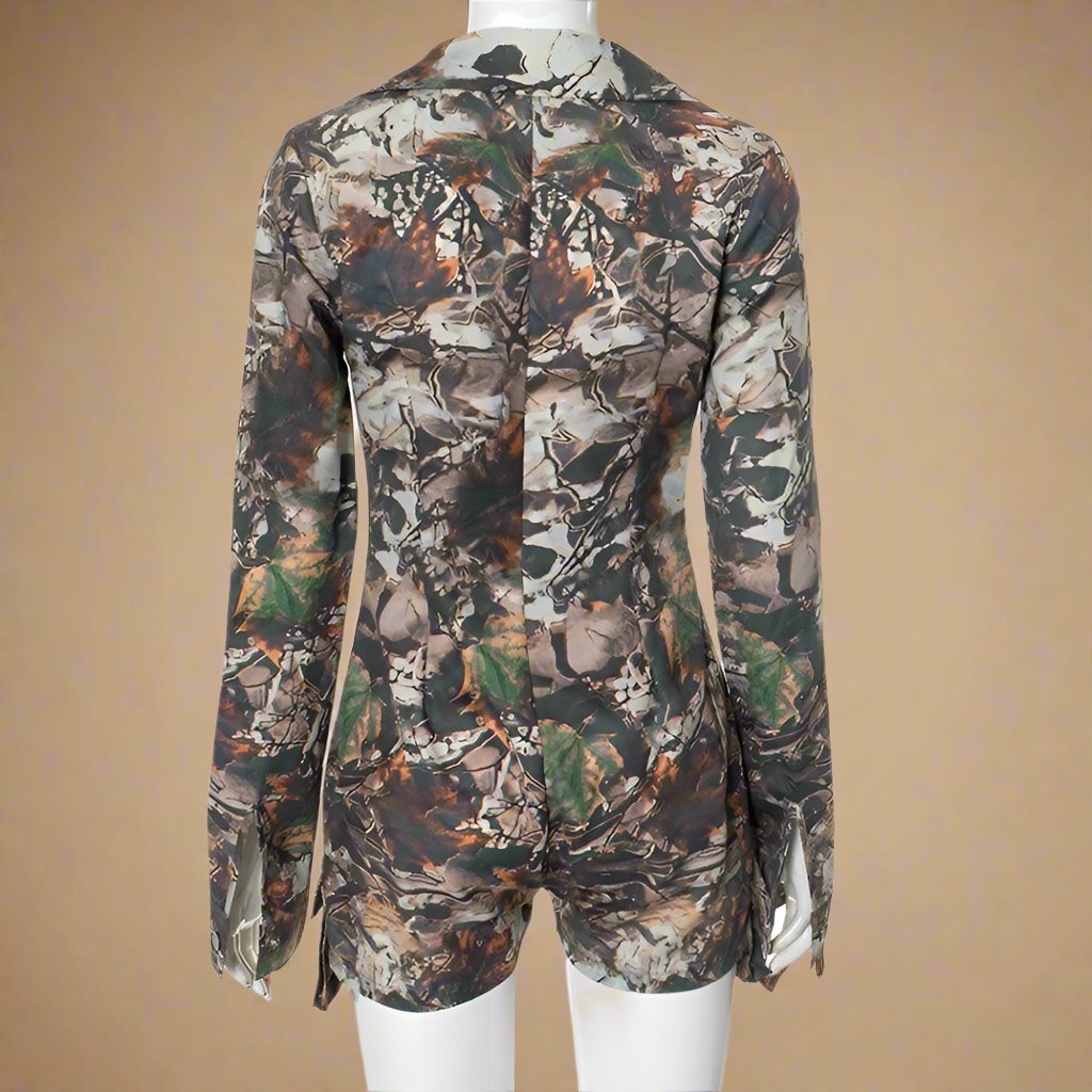 Deep V Neck Lapel Camo Print Rompers