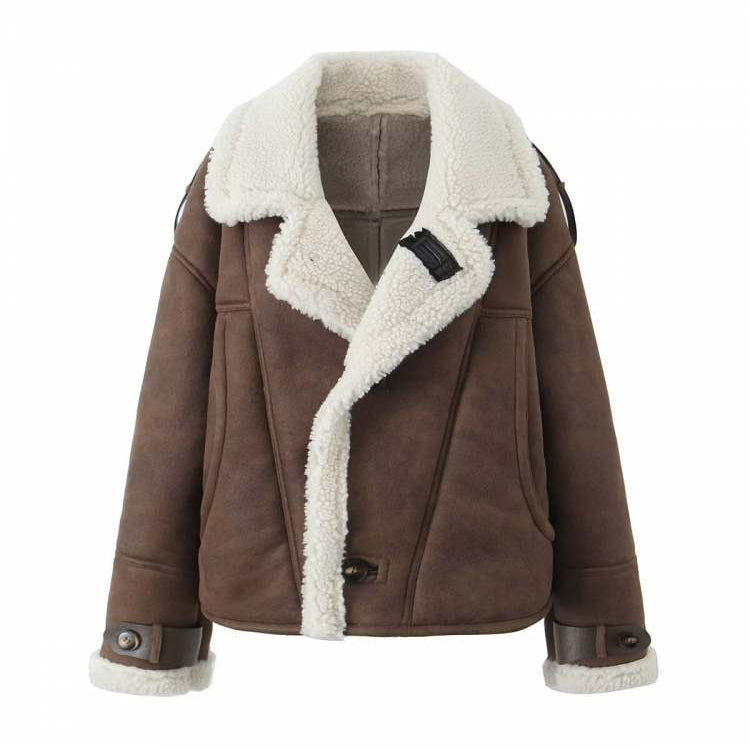 Fluffy Solid Color Long Sleeve Micro Suede Bounding With Lamb Fur Winter Coats