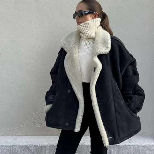Fluffy Solid Color Long Sleeve Micro Suede Bounding With Lamb Fur Winter Coats