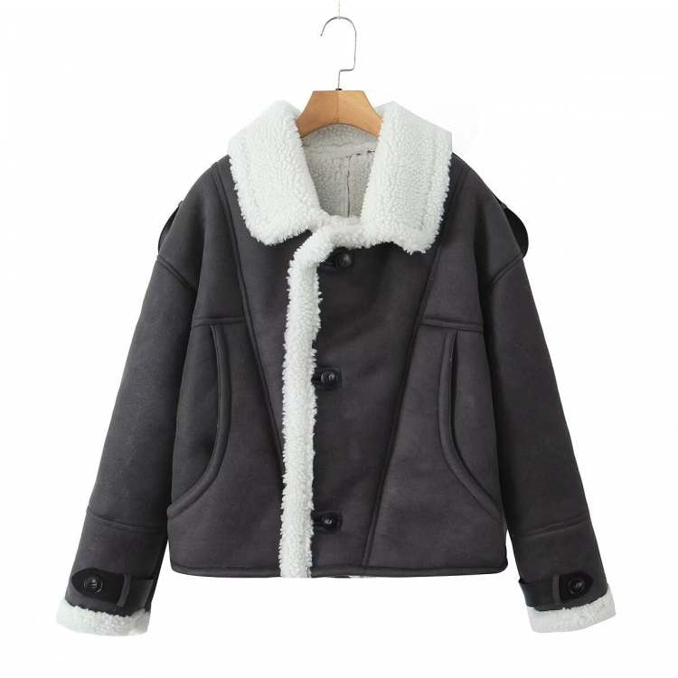 Fluffy Solid Color Long Sleeve Micro Suede Bounding With Lamb Fur Winter Coats