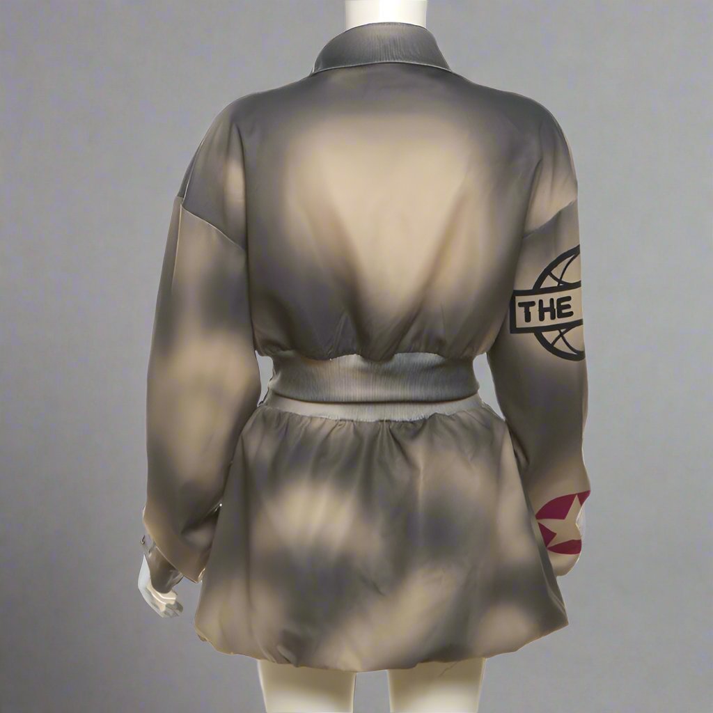 Distressed Lapel Cropped Jacket Bubble Skirt Sets