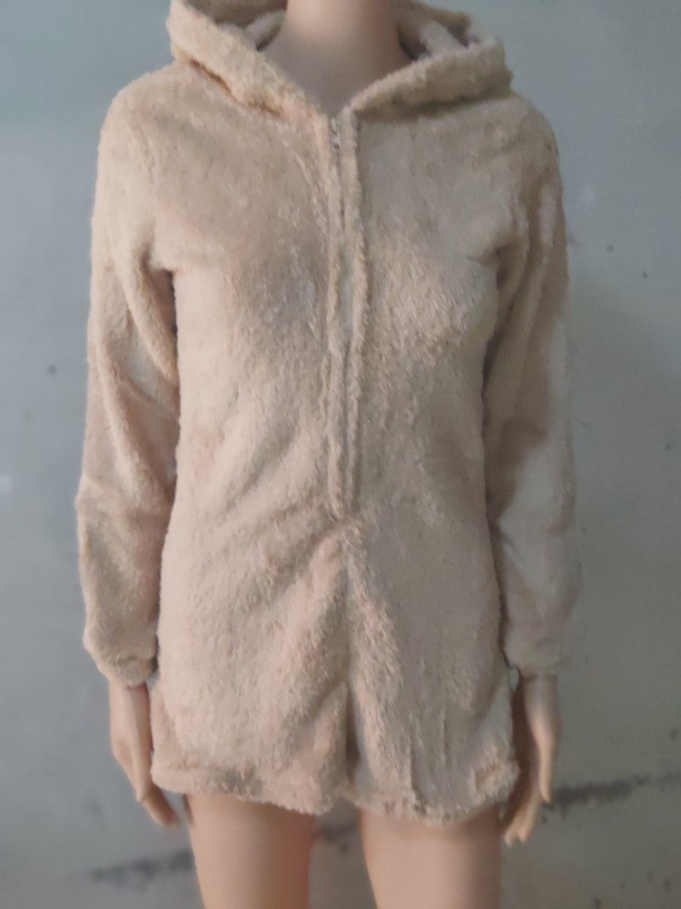 Fluff Hooded Zipper Patchwork Casual Rompers