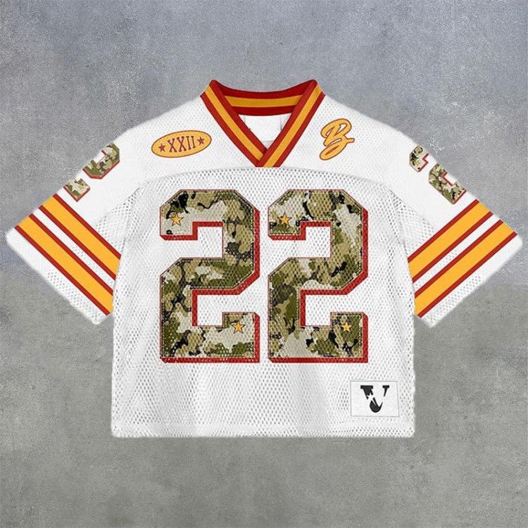 Camo Number Print Mesh Loose V Neck Jersey