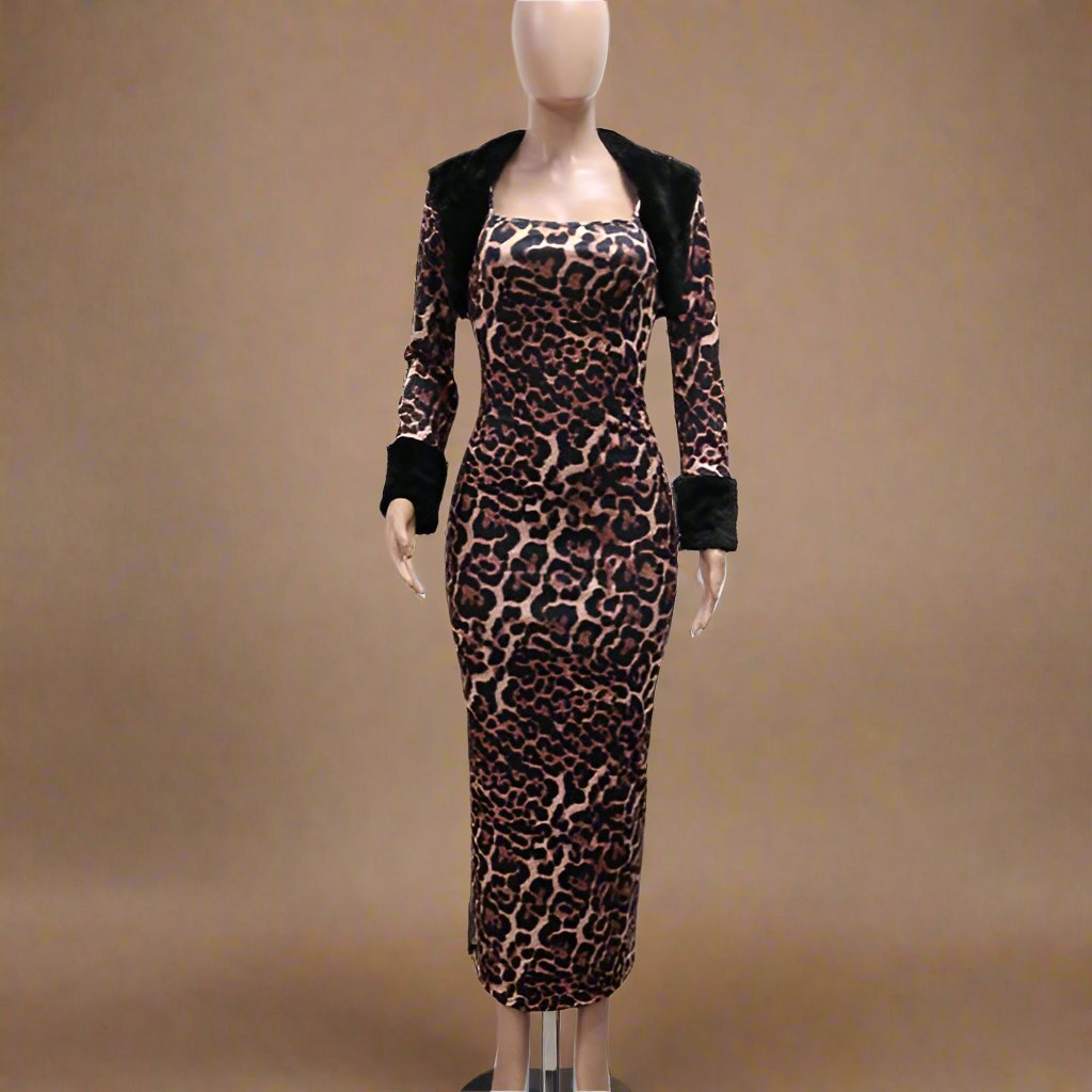 Leopard Fur Hem Split Long Sleeve 2pcs Dress Sets