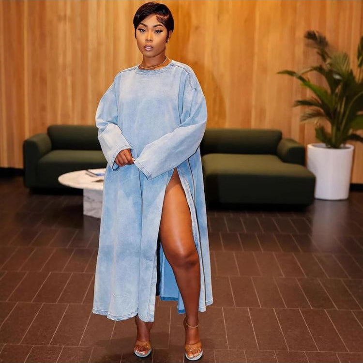 Solid Color Split Hem Long Sleeve Denim Dress