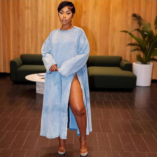 Solid Color Split Hem Long Sleeve Denim Dress