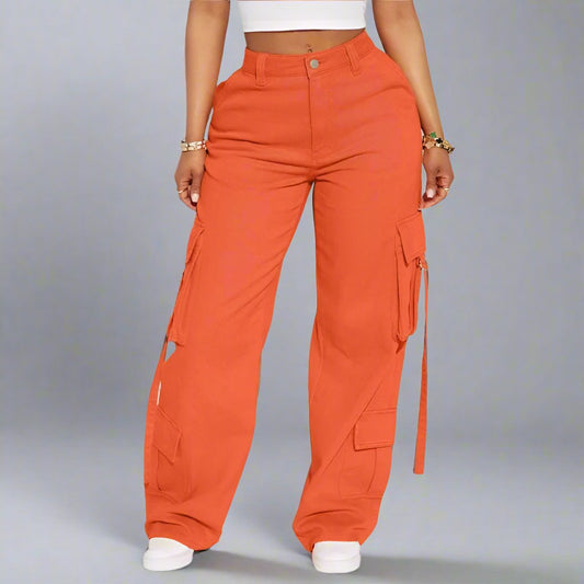 Solid Color Mid-rise Cargo Pants