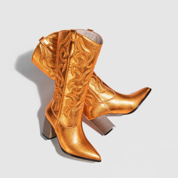 Ethnic Embroidery Metallic Pointed Pump Chelsea Boots