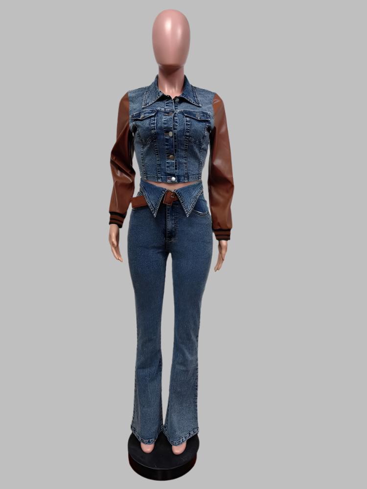 PU Denim Colorblock Jackets Lapel Jean Sets
