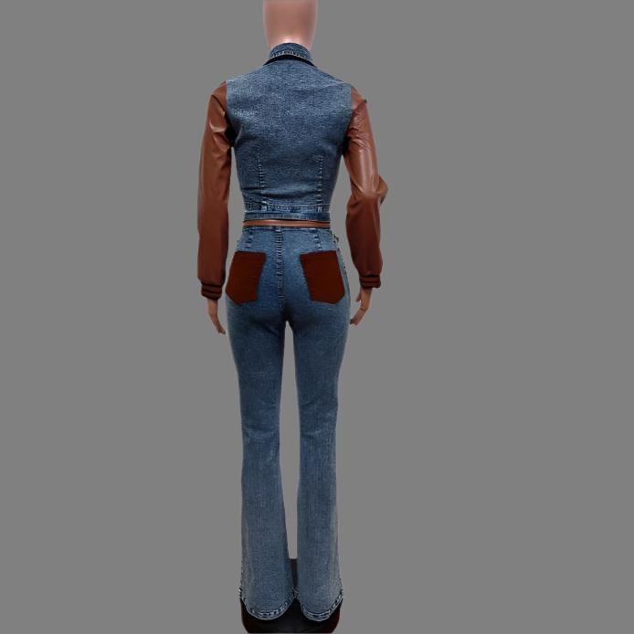 PU Denim Colorblock Jackets Lapel Jean Sets