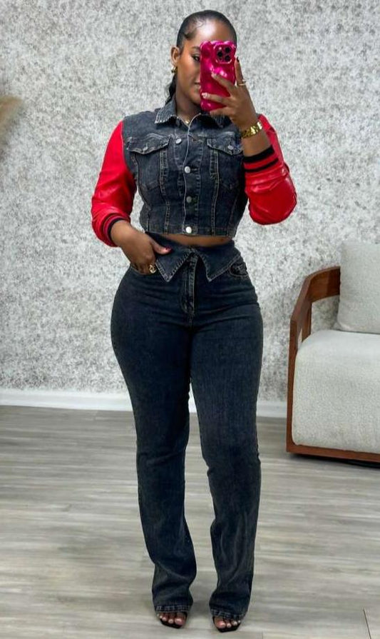 PU Denim Colorblock Jackets Lapel Jean Sets