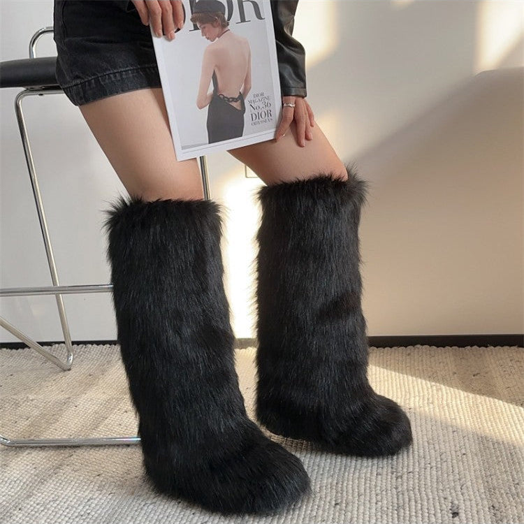 Colorblock Fur Knee-high Snow Boots