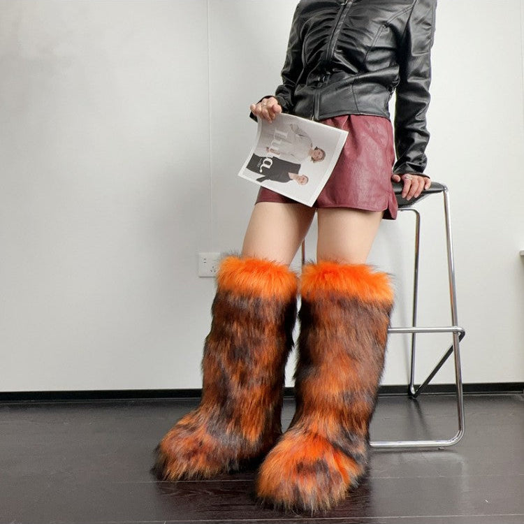 Colorblock Fur Knee-high Snow Boots