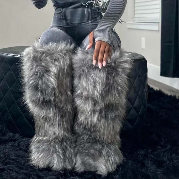 Colorblock Fur Knee-high Snow Boots