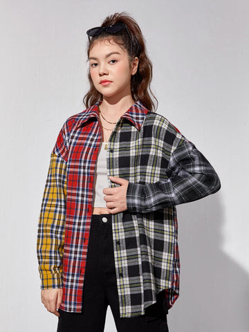 Camisa con botones y estampado de cuadros escoceses en bloques de color